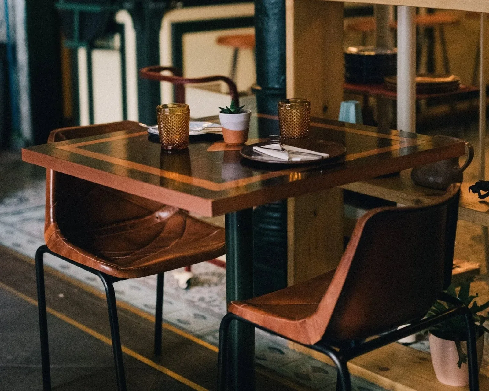 A restaurant table set for two