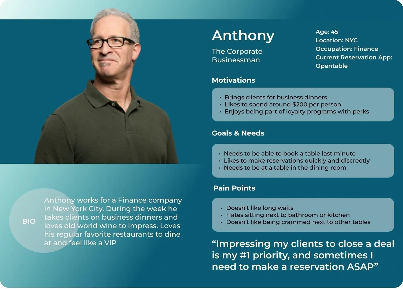Persona card for Anthony, a corporate businessman