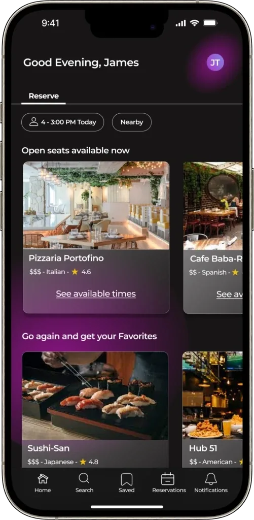 Home screen showing open tables nearby
