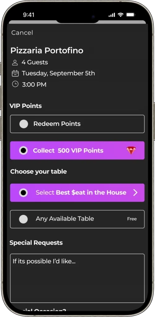 Choose your table and VIP points screen