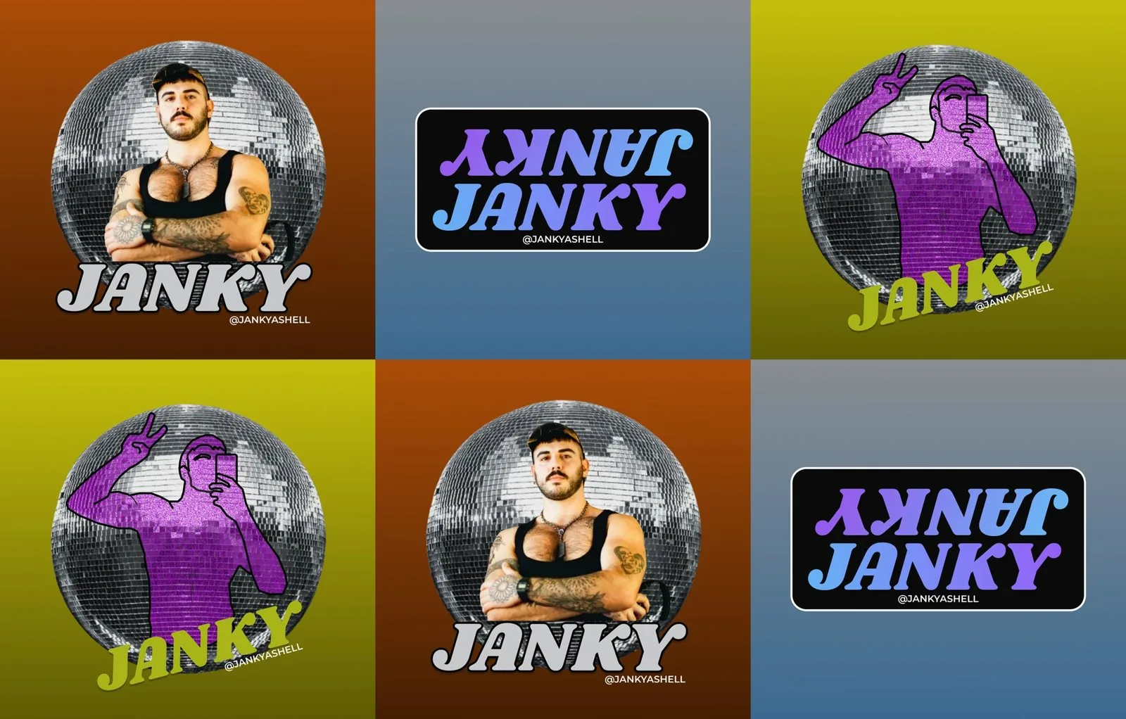 Six Janky stickers on colored backgrounds