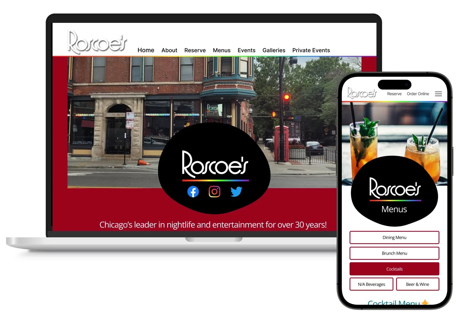 Roscoe's redesigned website on a laptop and phone