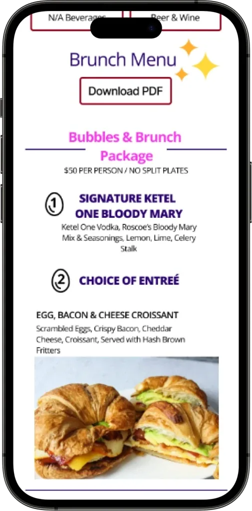 Brunch menu with food photos